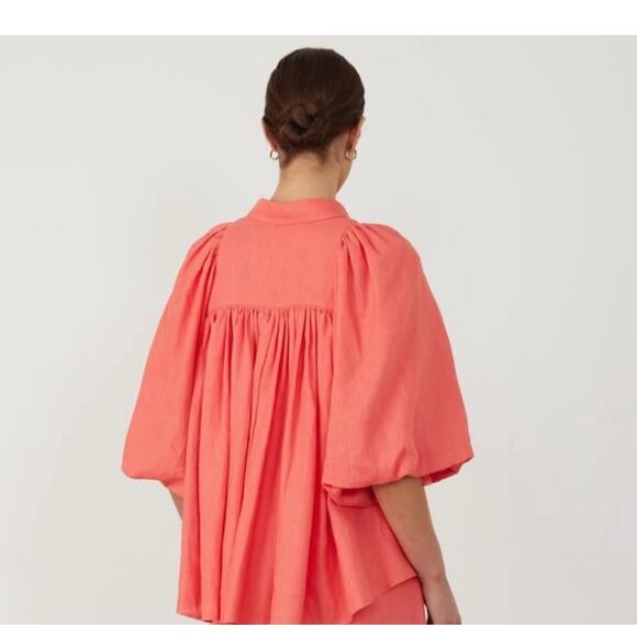 Joslin Hibiscus Orange Linen Ballon Sleeve Floral Button Down Top NWT Size 6 - Picture 4 of 8